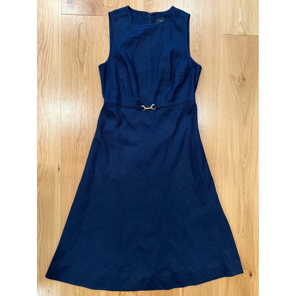 J.Crew Navy A-line Stretch Linen Midi Dress with Buckle Detail Sz 10